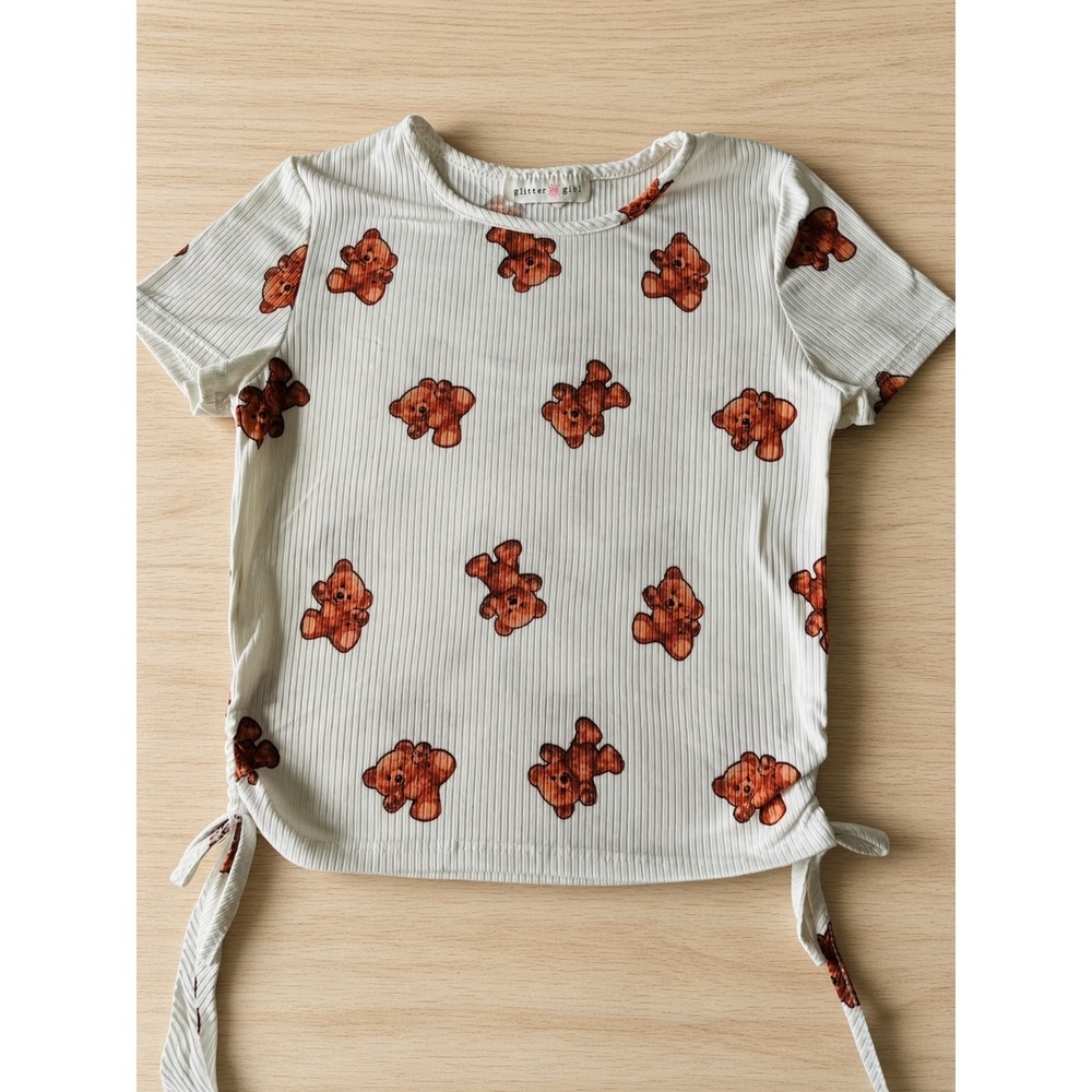 Glitter Girl White Ribbed Teddy Bear Print Ruched Side Tie Top Girls Size 10/12